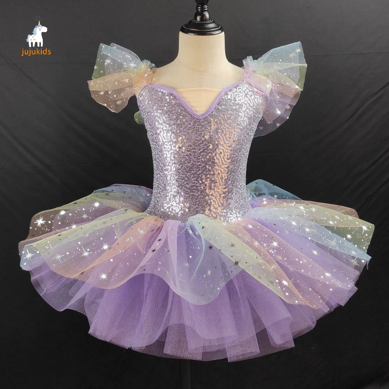 Girls Toddlers Jazz Dance Costumes Yellow Sequins Kindergarten Pink Blue Tutu Skirt Girls Ballerina Ballet Dance Dresses - Moderndancedress.com