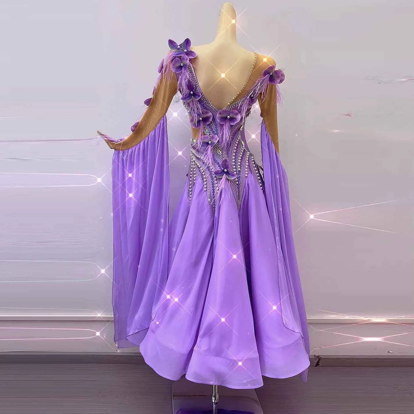 Custom Size Purple 3D Flowers Ballroom Dance Dress Tango Foxtrot Waltz Performance Gown