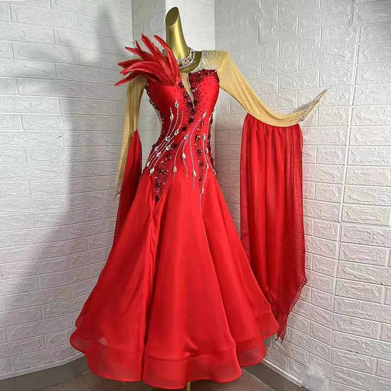 Customized Size Red Competition Ballroom Dance Dresses for Women Girls Feather  Modern Waltz Tango Dance Long Gown