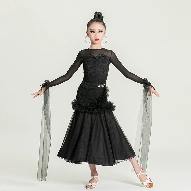 Modern ballroom dance dresses for girls kids black lace flowy children's waltz tango dance big swing skirt  competition suit - Moderndancedress.com
