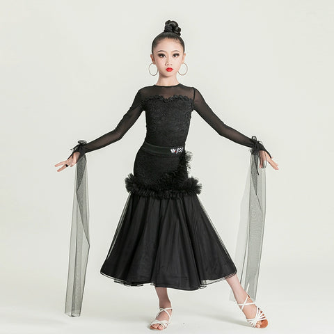 Modern ballroom dance dresses for girls kids black lace flowy children's waltz tango dance big swing skirt  competition suit - Moderndancedress.com
