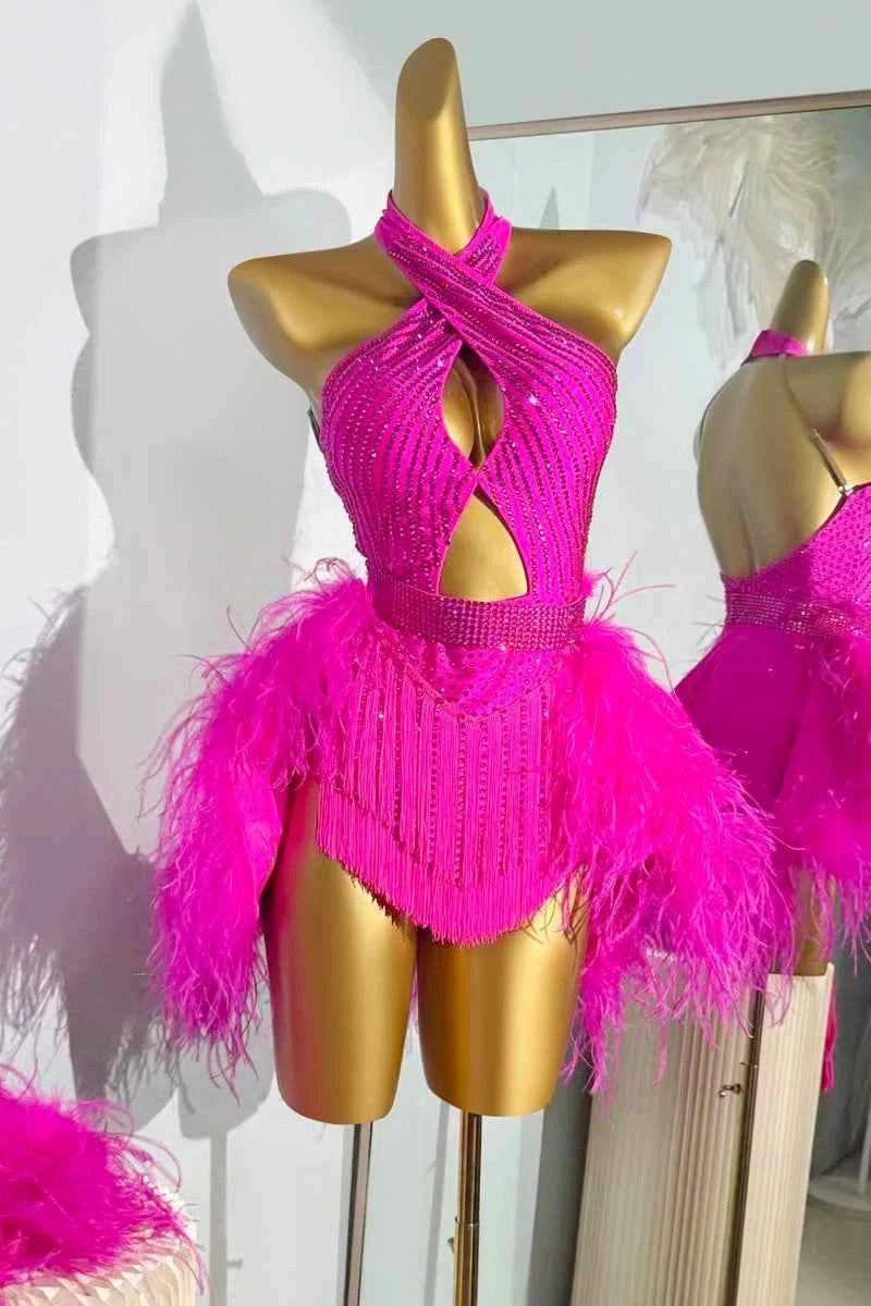 Custom Size Competition Women's Latin Dance Dress Ostrich Feather Tuxedo Skirts Salsa Costumes