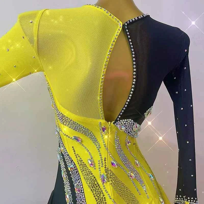 Custom Size Women's Competition Ballroom Dance Dresses Black Yellow Rhinestones Waltz Tango Gown