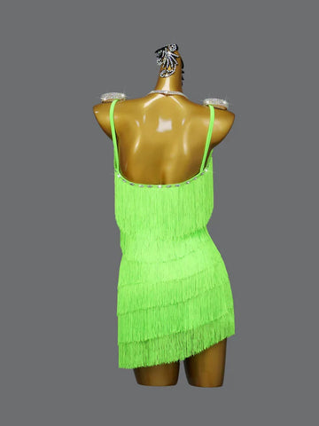 Custom size girls kids adult fluorescent green latin dance dresses salsa rumba chacha ballroom competition clothing fringed skirt - Moderndancedress.com