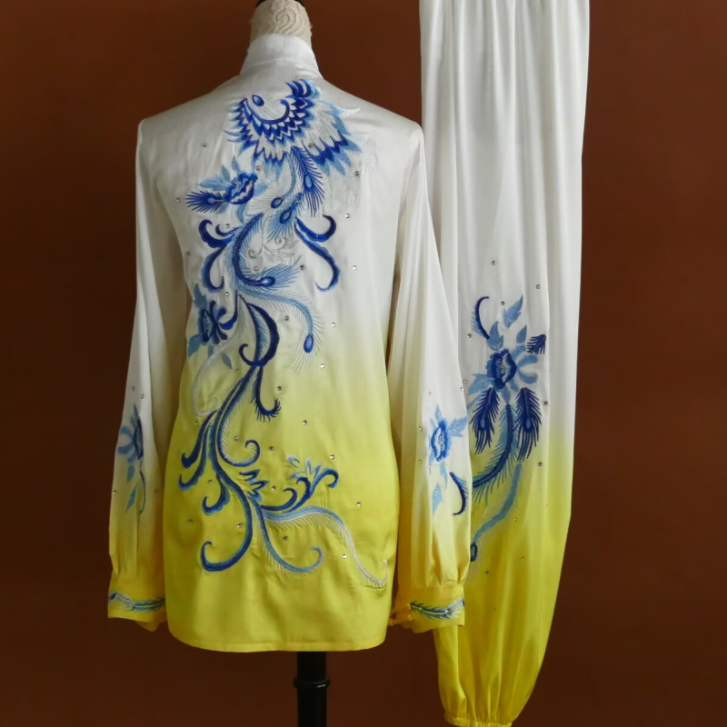 Custom Size Tai Chi Clothing Dark Green Embroidered Phoenix Wushu Martial Arts Kunfu Group Performance Uniforms - Moderndancedress.com