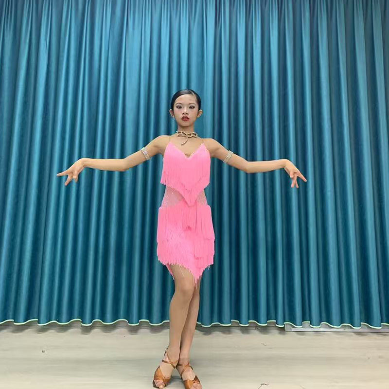 Custom Size Pink Fringe Latin Dance Dresses for Girls Women  Green Salsa Rumba Chacha Competition Costumes - Moderndancedress.com