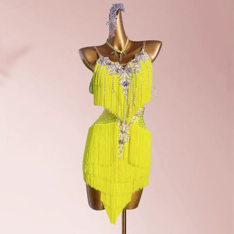 Customized size Yellow blue pink tassels Latin dance competition dressses  for adult kids professional solo flower dance bling clothes - Moderndancedress.com