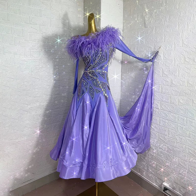 Custom Size Lavender Purple Feather Ballroom Dance Dress  Rhinestone Gown for Waltz Modern Standard Competition