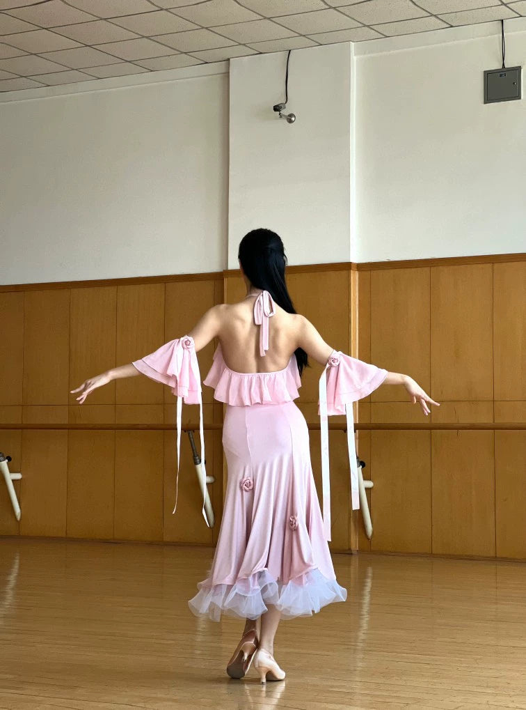 Ballroom Dance Dresses for Women Girls Ruffles Black Pink Lace Waltz Tango Rhythm Dance Long Skirts