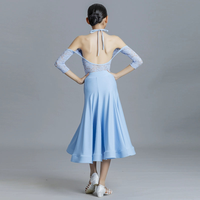 Blue modern Ballroom dance dresses for girls kids waltz tango practice professional competition gown training suit - Moderndancedress.com