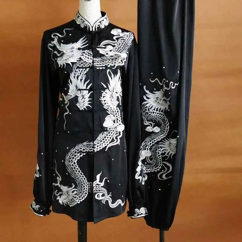 Custom Size Tai Chi Clothing for Women and Men Embroidered White Dragon Wushu Martial Art Performance Uniforms
