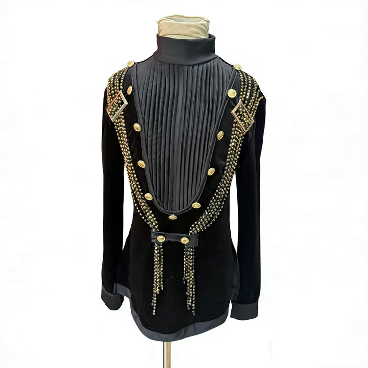 Custom Men's Juvenile Competiiton Velvet Latin Dance Shirt Rhinestone Chain Ballroom Top
