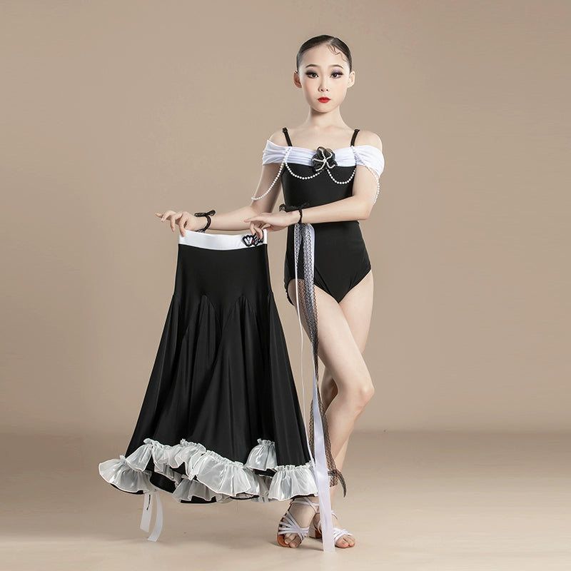 Girls white black Modern ballroom dance dresses kids Waltz Tango Performances Competition long gown swing skirts for Children - Moderndancedress.com