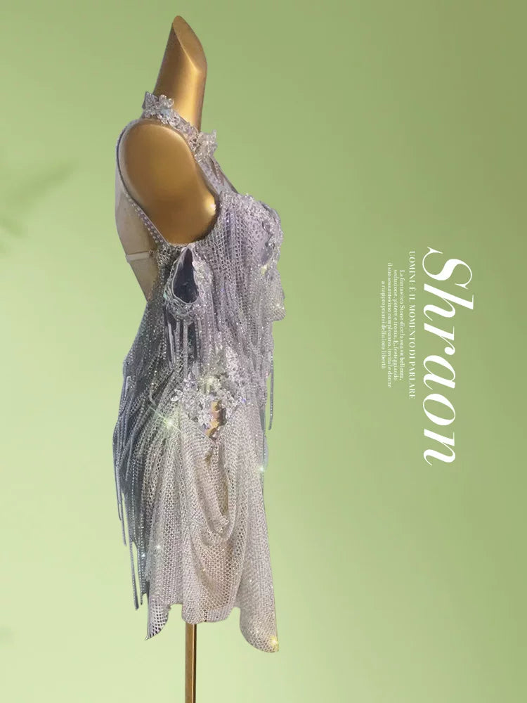 Custom Size Light Blue Rhinestone Mesh Latin Dress - Silver Fringe Dancewear