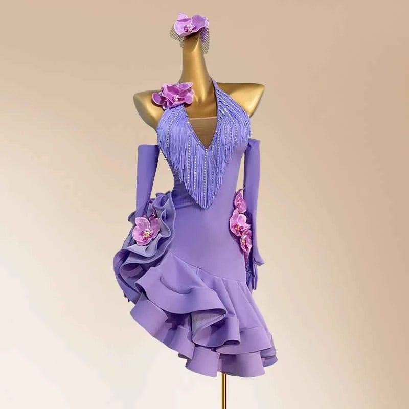 Custom Size Green Purple Competition Latin Dance Dresses for Women Salsa Rumba Chacha Blackpool Performance Costumes