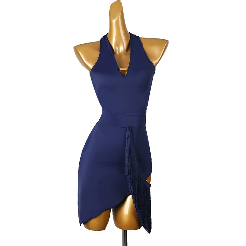 Women girls navy fringe latin  Dance Dresses for women girls halter neck chacha rumba Art Test performance costumes - Moderndancedress.com