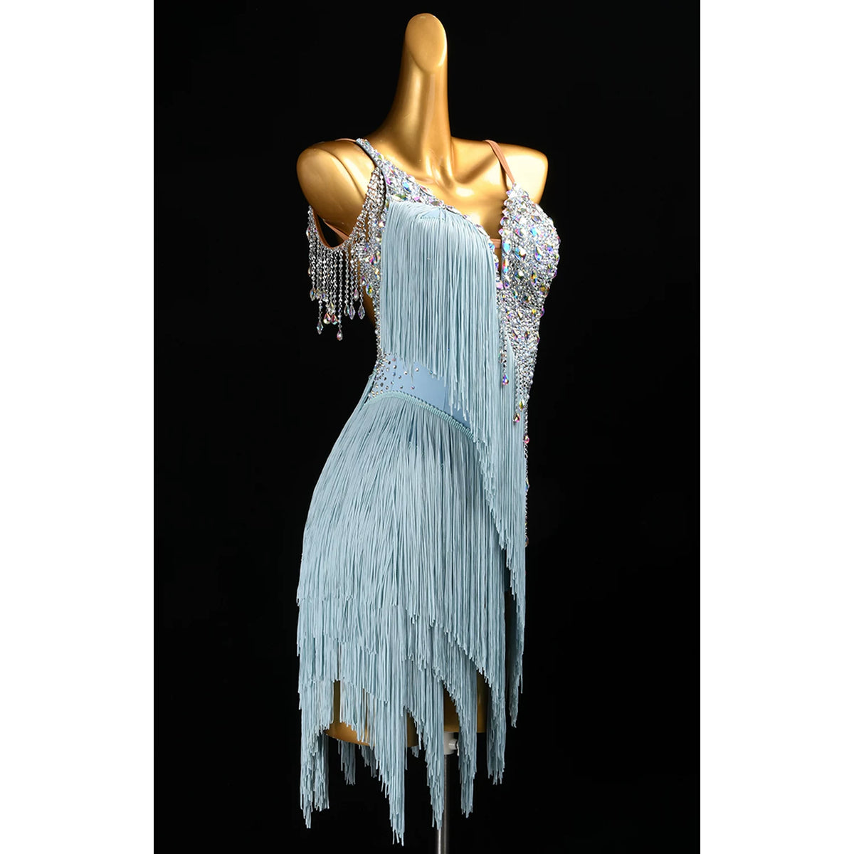 Custom Blue Fringe Competition Latin Dance Dress Salsa Rhythm Dancing Costume