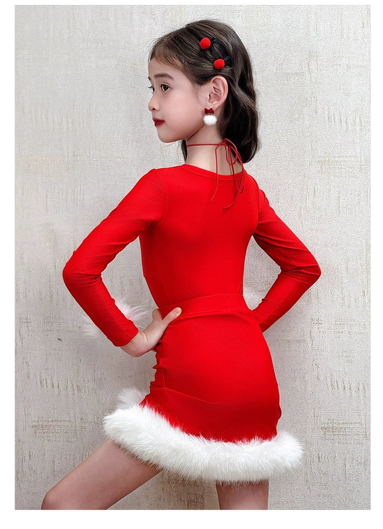 Girls Red with White Feather Latin Dance Dresses Salsa Rumba Chacha Holiday Xmas Party Latin Dance Costumes