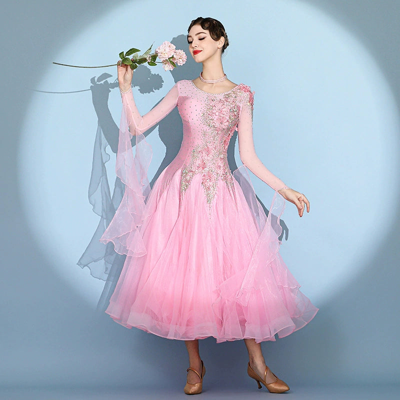 Custom size pink competition bling ballroom dance dresses for women girls kids waltz tango rhythm smooth foxtrot National standard dance long gown - Moderndancedress.com