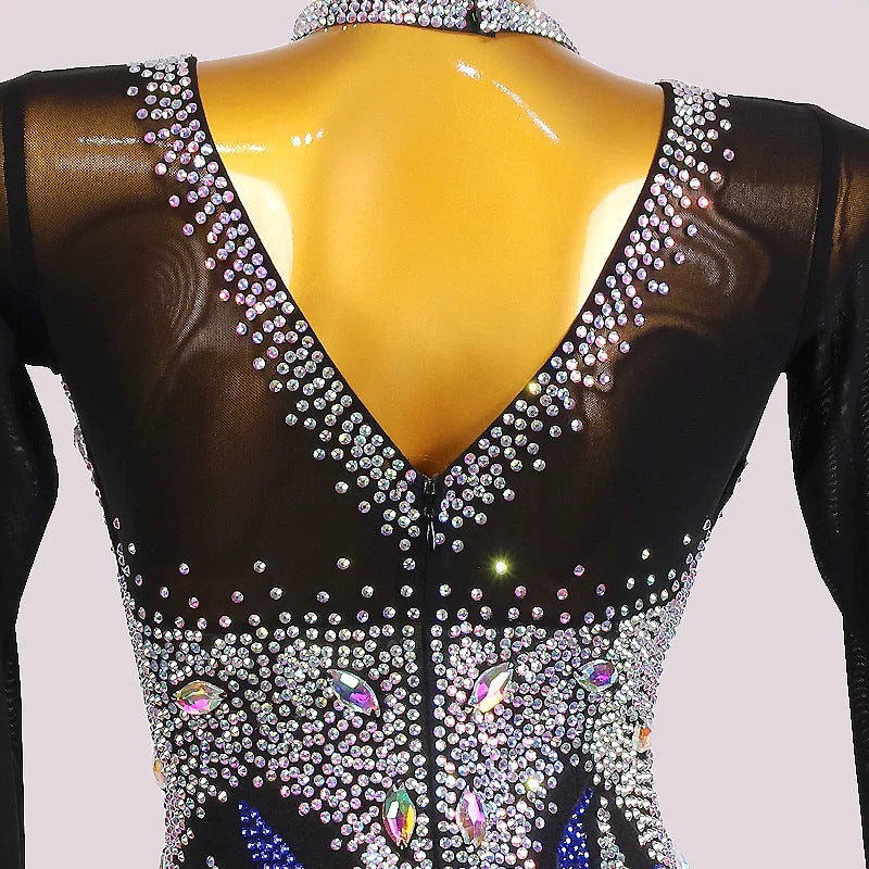 Custom Size Competition Royal Blue Gradient Ballroom Dance Dress Rhinestones Waltz Tango Performance Gown