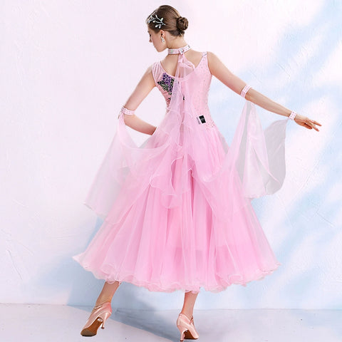 Modern ballroom competition dance dresses for women girls pink blue yellow big swing skirt national tango foxtrot waltz performance clothes - Moderndancedress.com