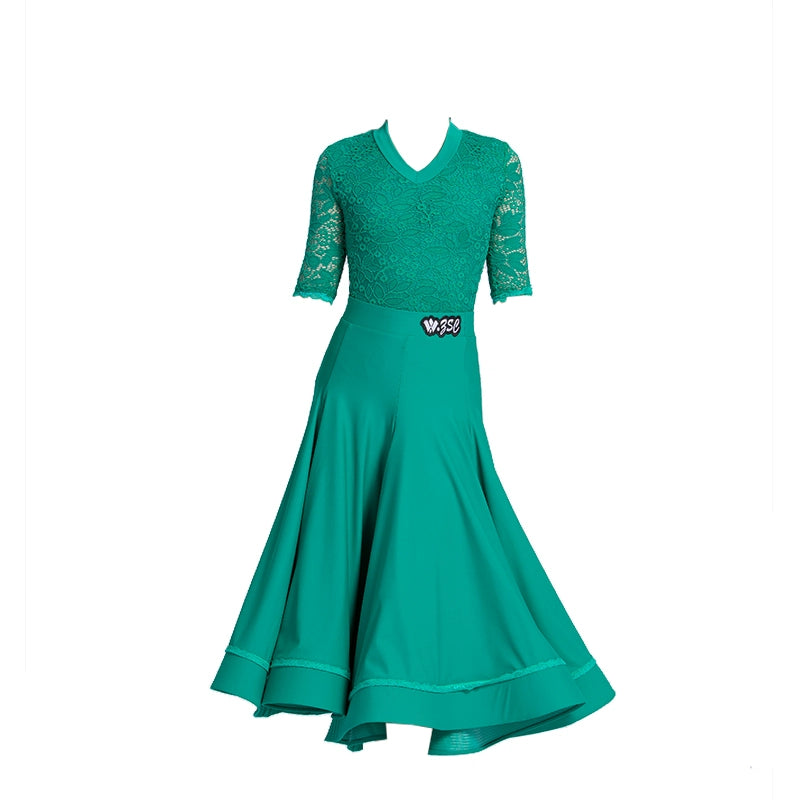 Green Lace Ballroom Dance Dresses for Kids Girls Competition Waltz Tango National Standard Dance Skirts Party Ball Gown Praise Dress for Children - Moderndancedress.com