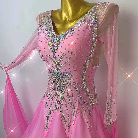 Customized Size Pink Competition Ballroom Dance Dresses for Women Girls Diamond Bling Waltz Tango Foxtrot Dance Long Gown