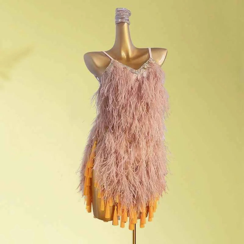 Custom Size Blue Ostrich Competition Latin Dance Dresses Fringed Art Test Blackpool Salsa Rumba Chacha Dance Costumes