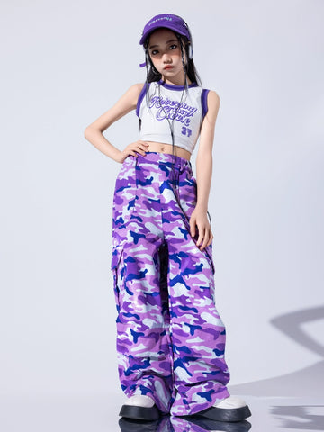 Girls Purple Camo One Shoulder Jazz Dance Costume Street Hip Hop Performance Outfits for Kids Children Gogo Dancers Stage Dance Outfits - Moderndancedress.com