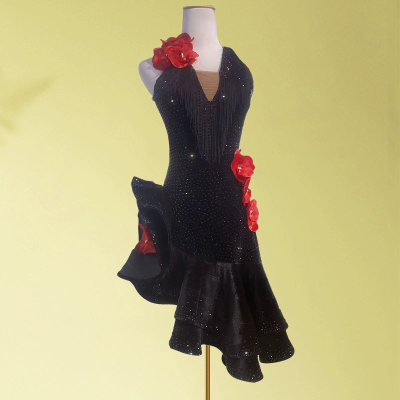 Custom size black with red flowers Latin Dance Competition dresses black gemstones bling salsa rumba chacha performance clothes - Moderndancedress.com