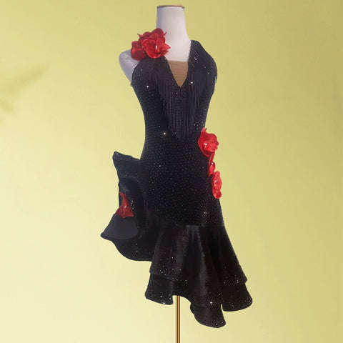 Custom size black with red flowers Latin Dance Competition dresses black gemstones bling salsa rumba chacha performance clothes - Moderndancedress.com