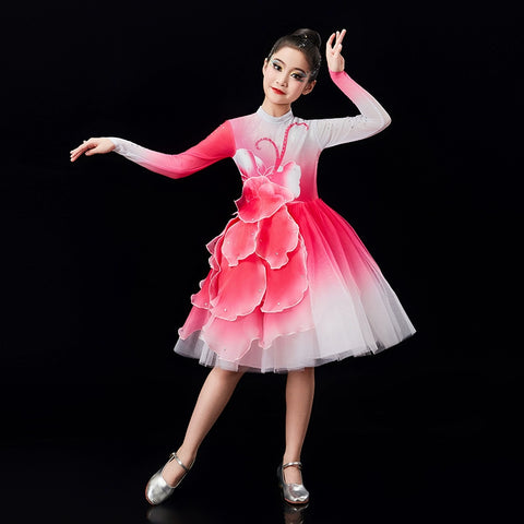 Children's pink green Petals modern dance dresses chorus performance girls tutu skirts school church choir competition outfits - Moderndancedress.com