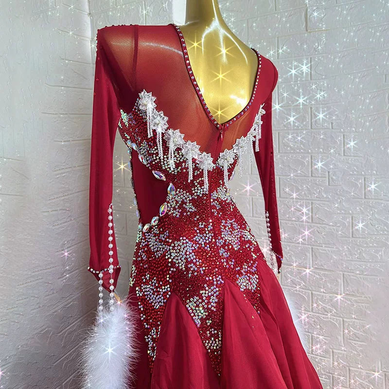 Custom Crystal Burgundy Ballroom Dance Dress with White Feather Floats Foxtrot Waltz Dance Gown
