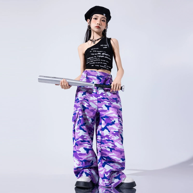 Girls Purple Camo One Shoulder Jazz Dance Costume Street Hip Hop Performance Outfits for Kids Children Gogo Dancers Stage Dance Outfits - Moderndancedress.com