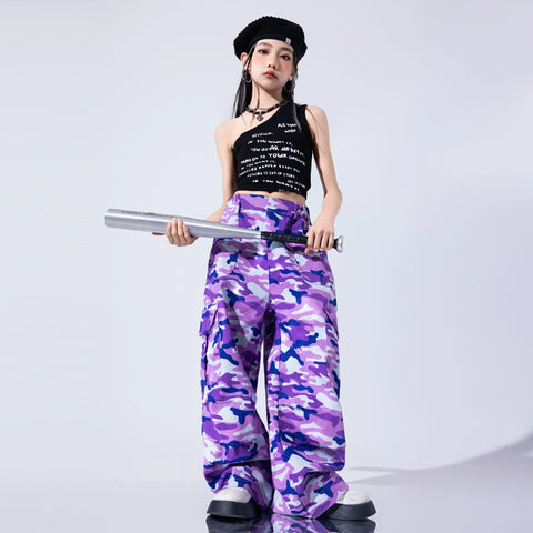 Girls Purple Camo One Shoulder Jazz Dance Costume Street Hip Hop Performance Outfits for Kids Children Gogo Dancers Stage Dance Outfits - Moderndancedress.com