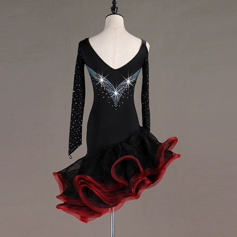 Latin Dance Dresses Mesh Long Sleeve Dance  Performing Dresses Rhinestones Long Sleev Dress - Moderndancedress.com
