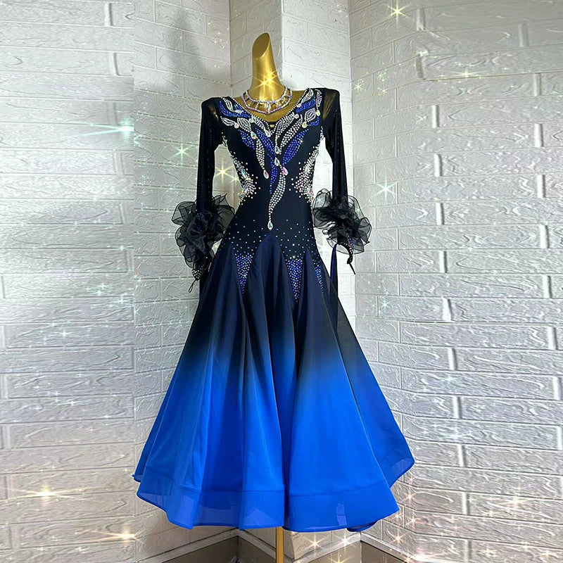 Customized Size Royal Blue Gradient Competition Ballroom Dance Dresses for Women Girls Waltz Tango Rhythm Dance Gown - Moderndancedress.com