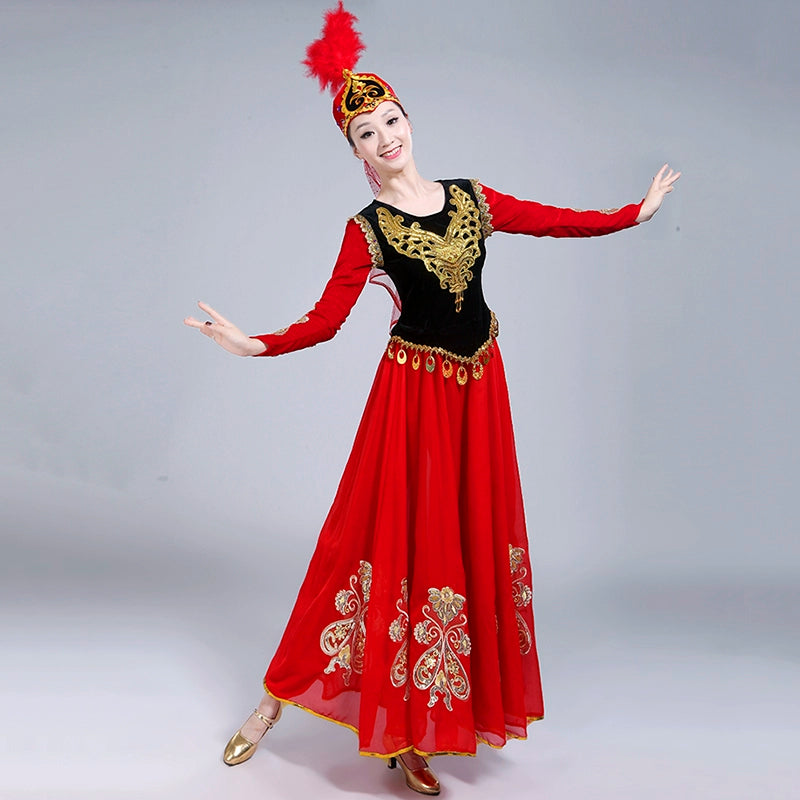 Folk Dance Costumes Dance Costume performance dress female adult ethnic style Uygur modern performance dress big skirt - Moderndancedress.com