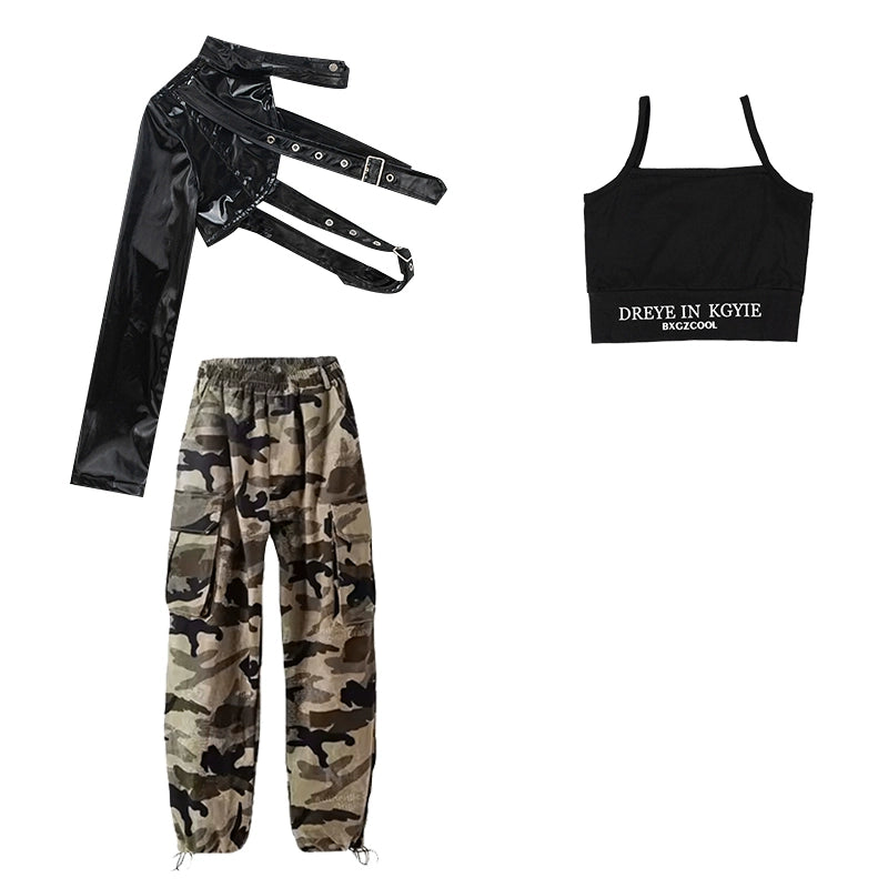 Girls Jazz Dance Costume Kids Rapper Singers Hip Hop Street Dance Outfits Single Sleeve Leather Coat Camouflage Pants - Moderndancedress.com