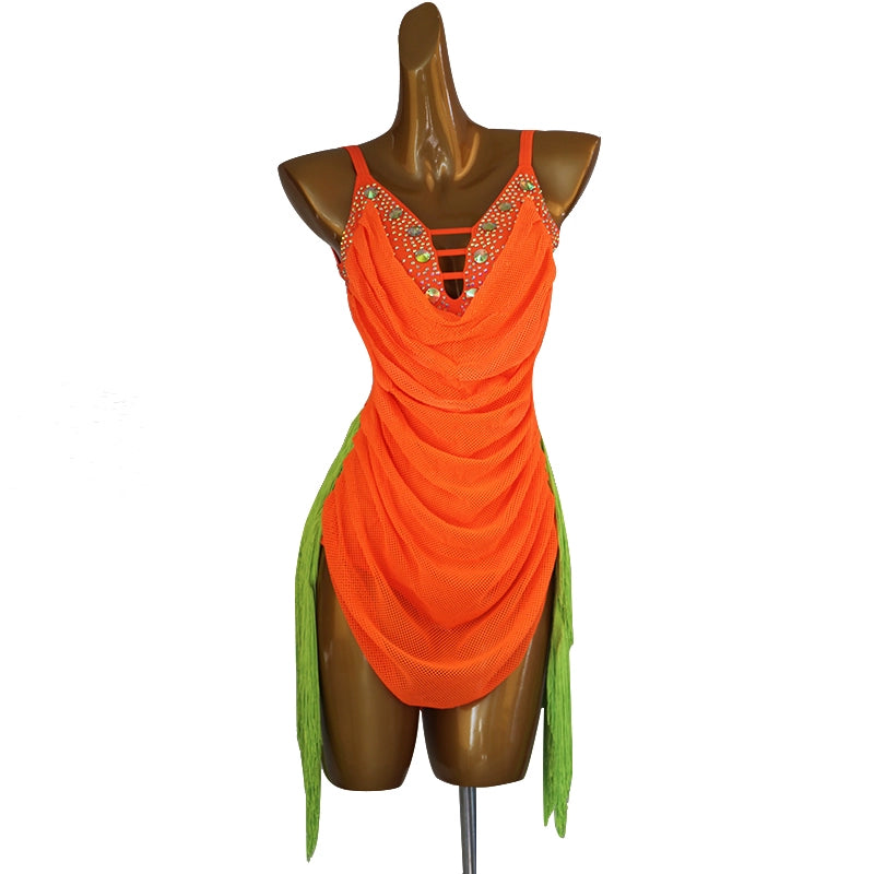 Orange green fringe competition Latin dance dress for women girls one-piece stones Latin dance performance costumes for female - Moderndancedress.com