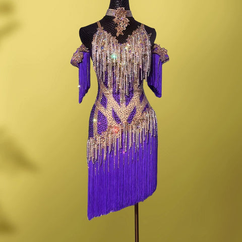 Custom Size Competition Fringe Black Purple Latin Dance Dresses for Women Girls White Salsa Rumba Blackpool Dance Wear