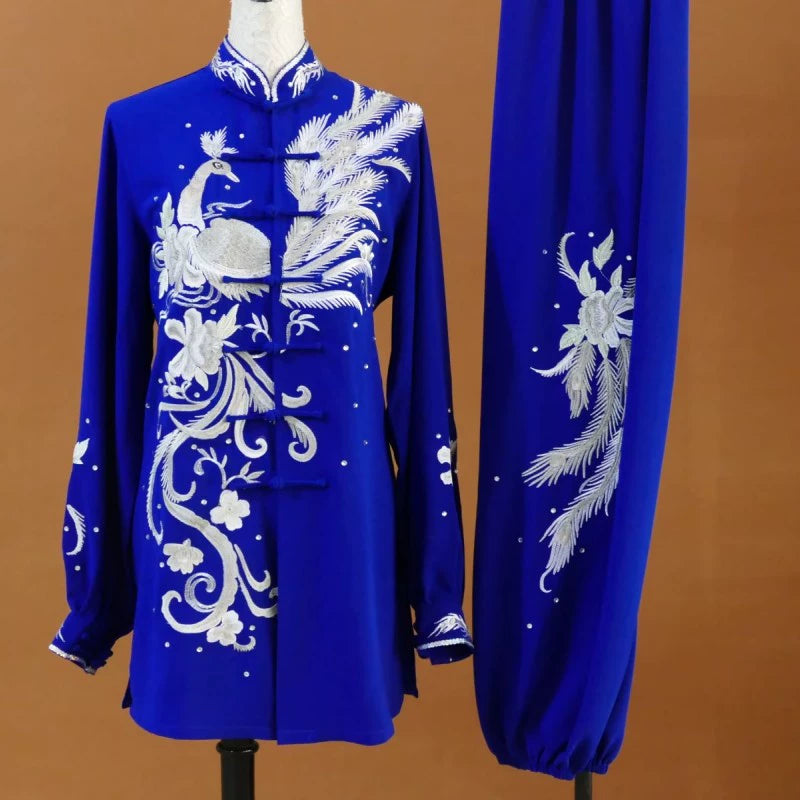 Custom Size Tai Chi Clothing Dark Green Embroidered Phoenix Wushu Martial Arts Kunfu Group Performance Uniforms - Moderndancedress.com
