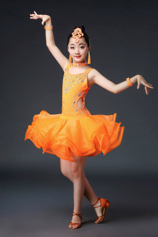 Competition Latin Dance Dresses for Kids Girls Orange White Red Neon Green Rhinestones Competition Grade Salsa Chacha Party Performance Outfits for Kids - Moderndancedress.com
