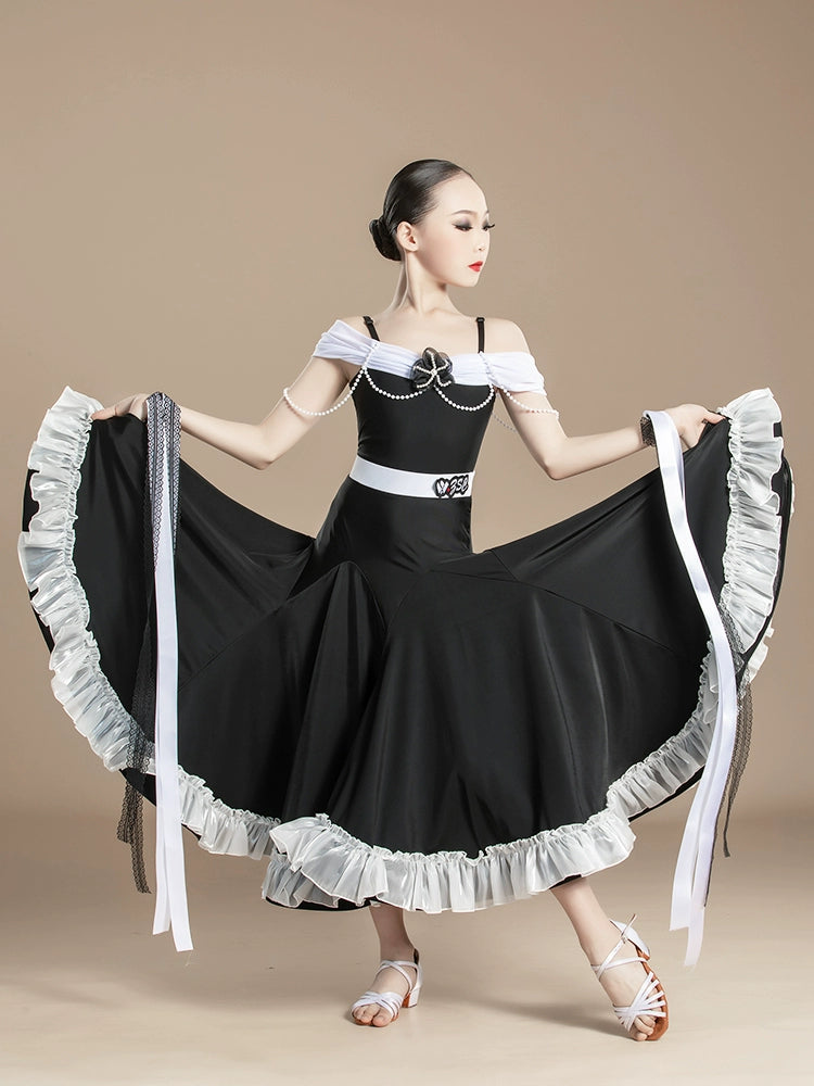 Girls white black Modern ballroom dance dresses kids Waltz Tango Performances Competition long gown swing skirts for Children - Moderndancedress.com