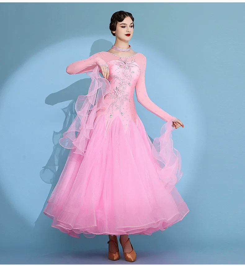 Navy Ballroom Competition Dress with Rhinestones & Floats Waltz Rhythm Dance Gown