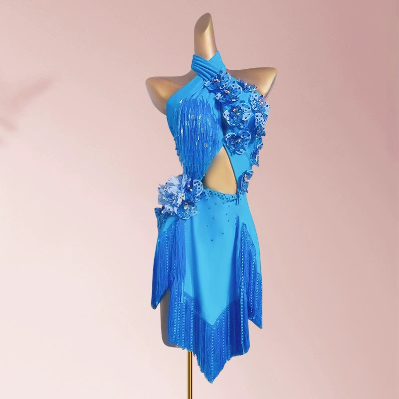 Custom size competition Latin dance dresses for women girls kids wine blue black bling fringe solo flower costume - Moderndancedress.com