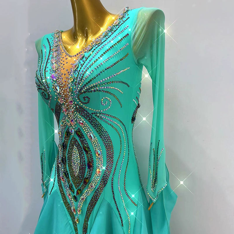 Custom Size Green Ballroom Dance Dresses for Women Girls Waltz Tango Smooth Foxtrot Rhythm National Standard Dance Gown