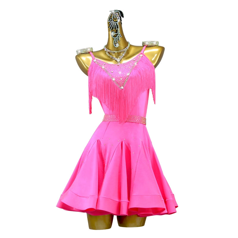 Women junior girls Hot pink fringe competition latin dance dresses fringe salsa rumba chacha professional Latin dance competition costume - Moderndancedress.com