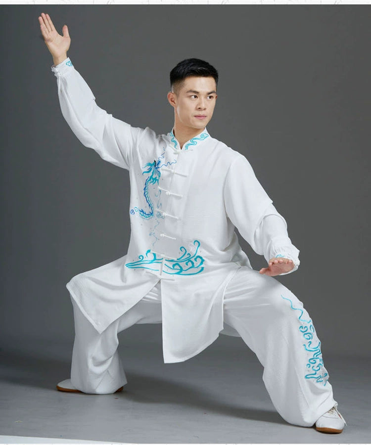 Custom Size White Blue Emboridered Chinese Dragon Tai Chi Clothing for Men Competition Wushu Martial Art Chinese Kung Fu Uniforms - Moderndancedress.com