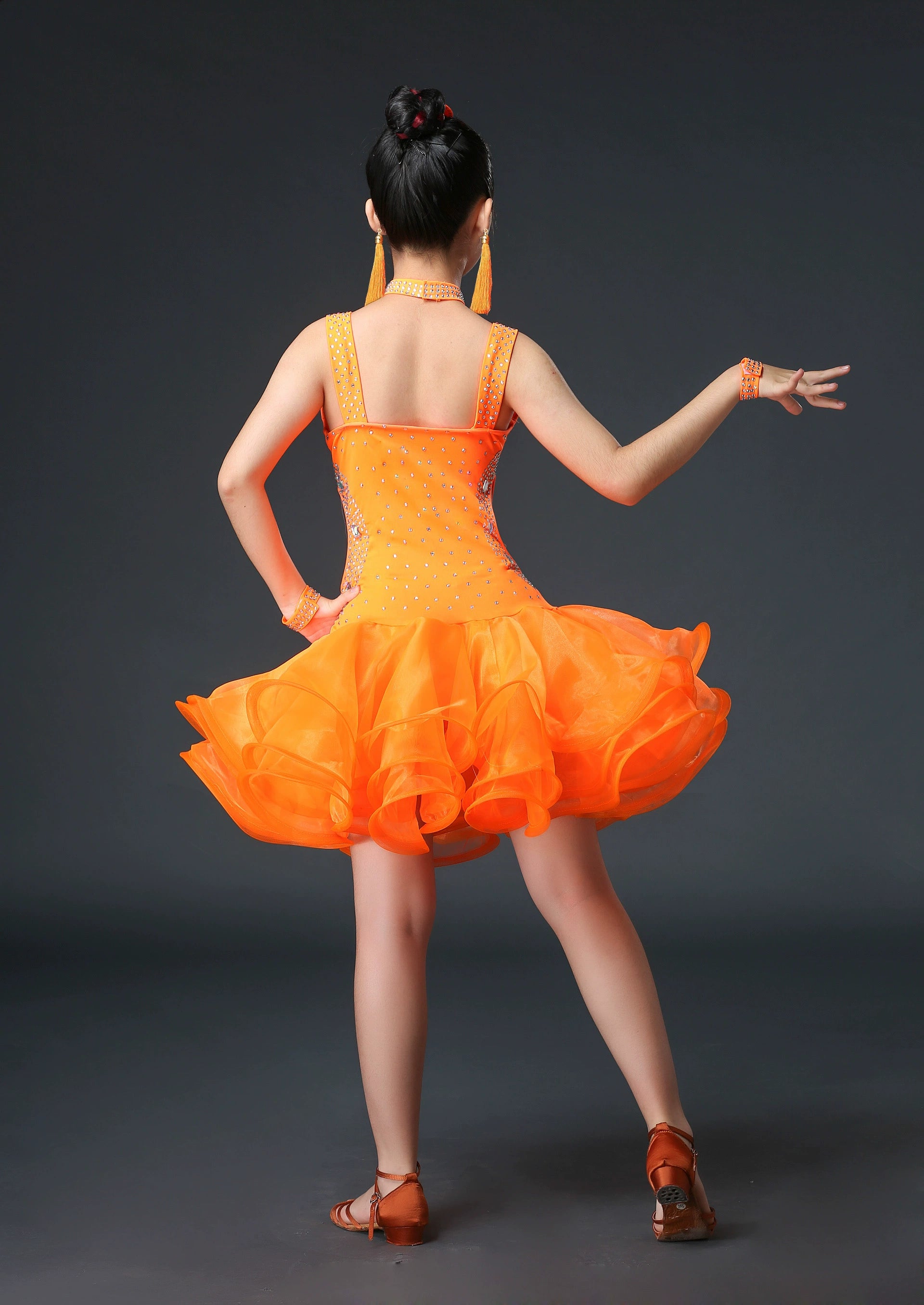 Competition Latin Dance Dresses for Kids Girls Orange White Red Neon Green Rhinestones Competition Grade Salsa Chacha Party Performance Outfits for Kids - Moderndancedress.com
